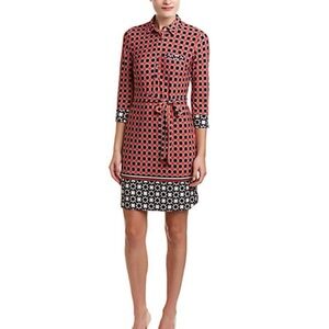 🆕 Donna Morgan Belted Patterned Shirt Dress, Red Navy, Size 16